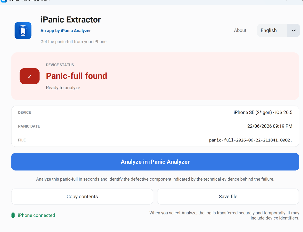 iPanic Extractor 0.4.1 showing a panic-full found and ready to analyze