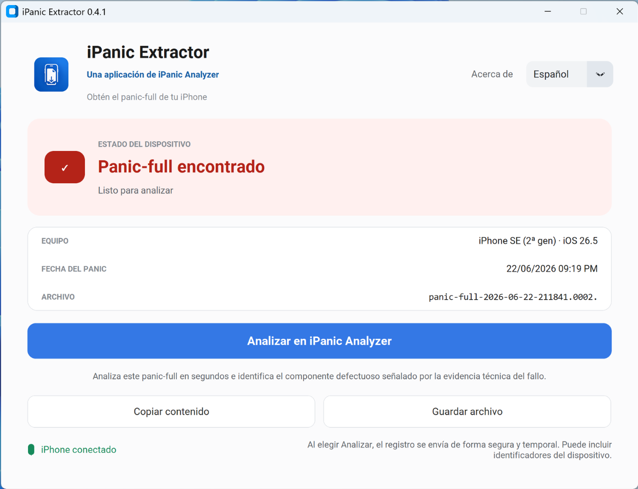 iPanic Extractor 0.4.1 mostrando un panic-full encontrado y listo para analizar