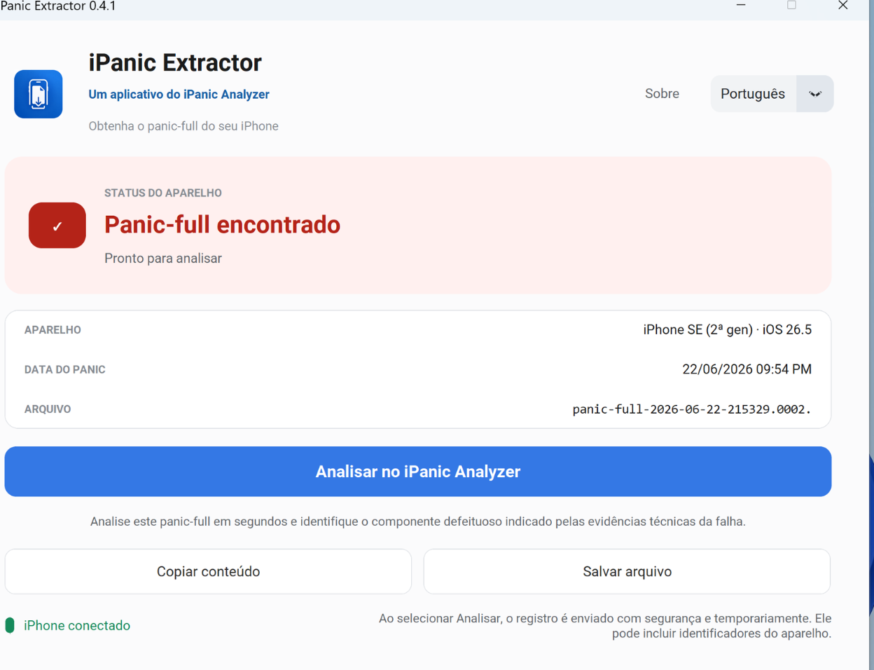 iPanic Extractor 0.4.1 mostrando um panic-full encontrado e pronto para análise